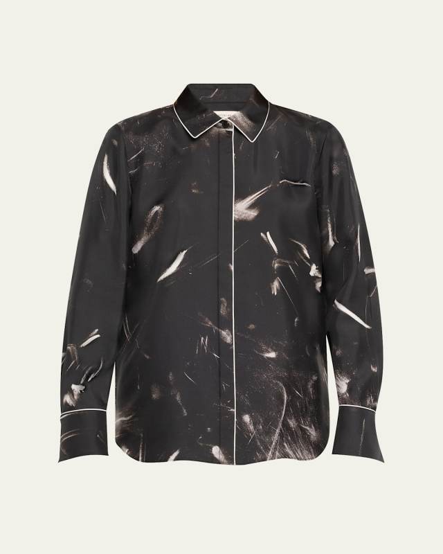 Scottie Piped Abstract-Print Silk Blouse